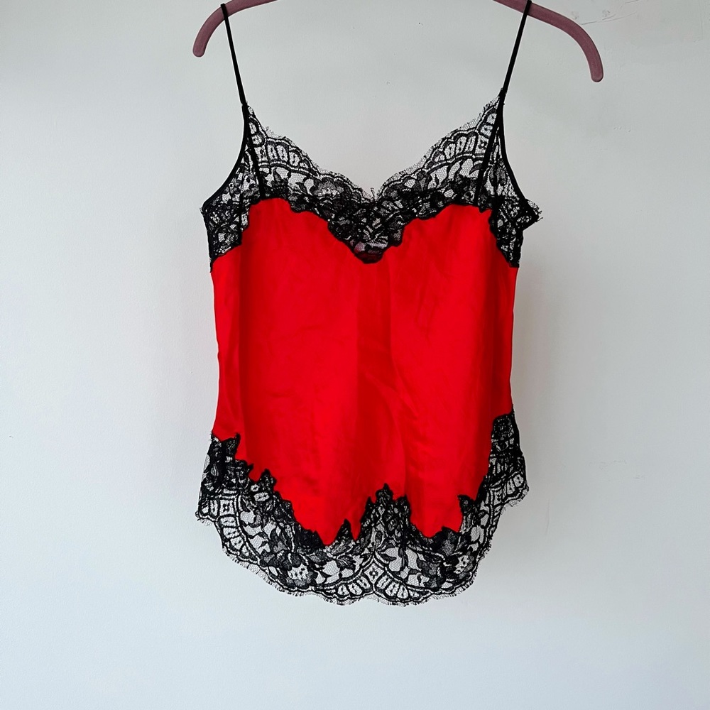 Givenchy Camisole In Black Lace Trimmed Silk Satin Bright Red - M